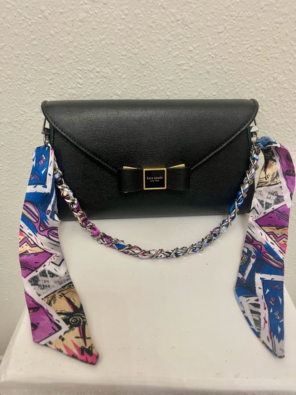 Bag Charm: Purple multi  Chain Scarf Bag Strap with Silk-Like Tie Ends